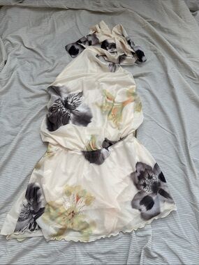 Backless Cream Floral Halter Dress with Black Blooms